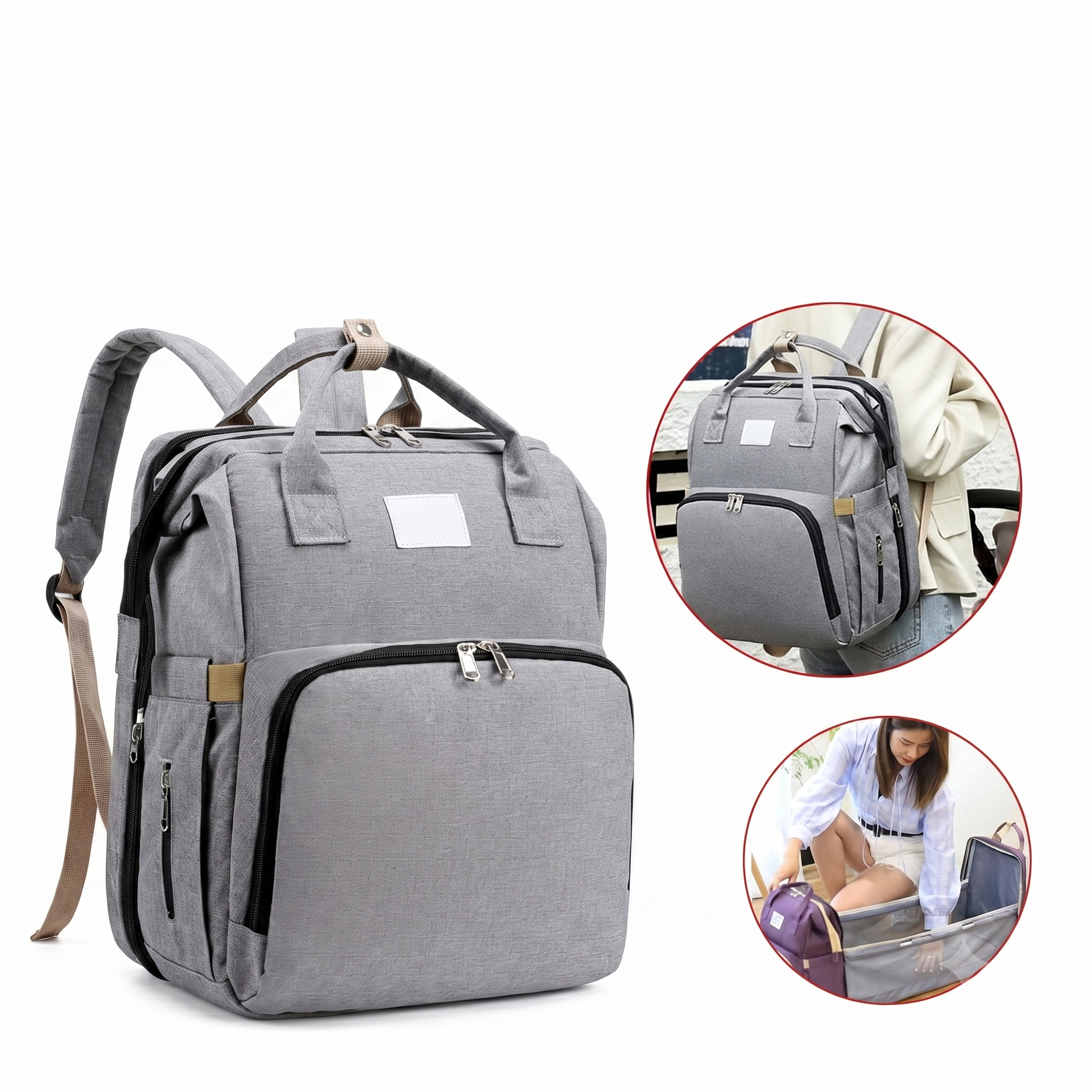 Mochila usada como bolso y colgada al cochecito